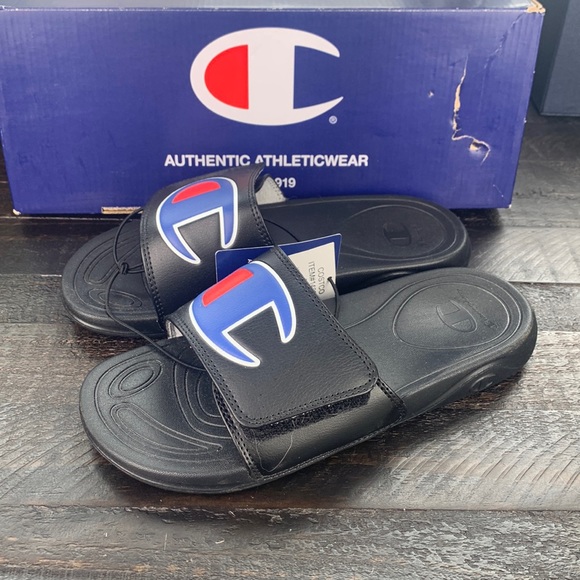 NWT Men’s Champion Mega Slides Athleticwear Black with Logo - Picture 2 of 5